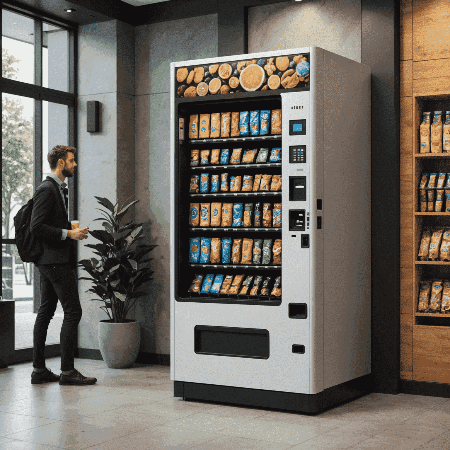 Máquina expendedora moderna instalada en el vestíbulo de una pequeña empresa, con empleados comprando snacks y bebidas